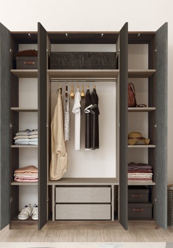 FUNZI LIVING HM2 garderobeskab, m. spejl, 4 lger, 1 bjlestang, 9 hylder, 2 skuffer - brun/gr melamin