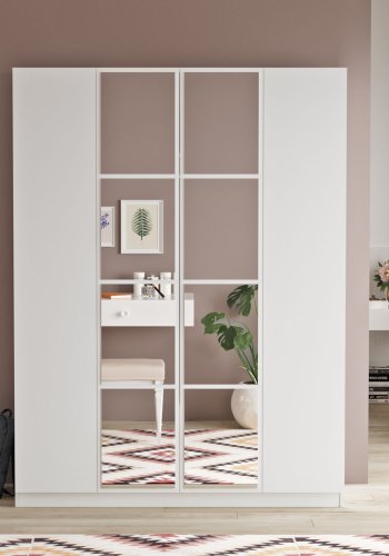 FUNZI LIVING HM2 Kleiderschrank, mit Spiegel, 4 Türen, 1 Kleiderstange, 9 Einlegeböden, 2 Schubladen - weißes Melamin