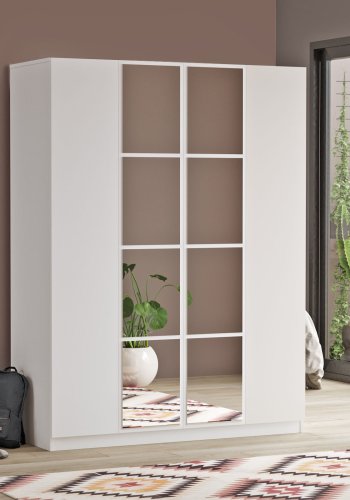 FUNZI LIVING HM2 Kleiderschrank, mit Spiegel, 4 Türen, 1 Kleiderstange, 9 Einlegeböden, 2 Schubladen - weißes Melamin