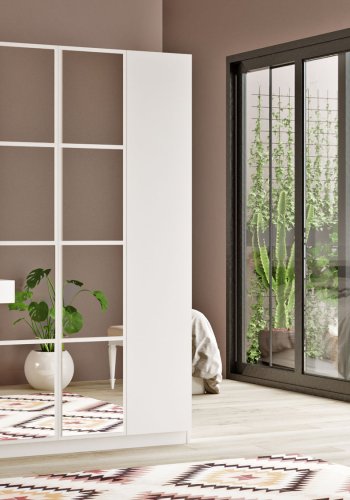 FUNZI LIVING HM2 Kleiderschrank, mit Spiegel, 4 Türen, 1 Kleiderstange, 9 Einlegeböden, 2 Schubladen - weißes Melamin