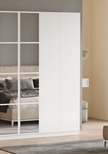 FUNZI LIVING HM3 Kleiderschrank, mit Spiegel, 6 Türen, 3 Kleiderstangen, 5 Regale, 2 Schubladen - weißes Melamin