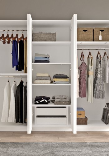 FUNZI LIVING HM3 Kleiderschrank, mit Spiegel, 6 Türen, 3 Kleiderstangen, 5 Regale, 2 Schubladen - weißes Melamin