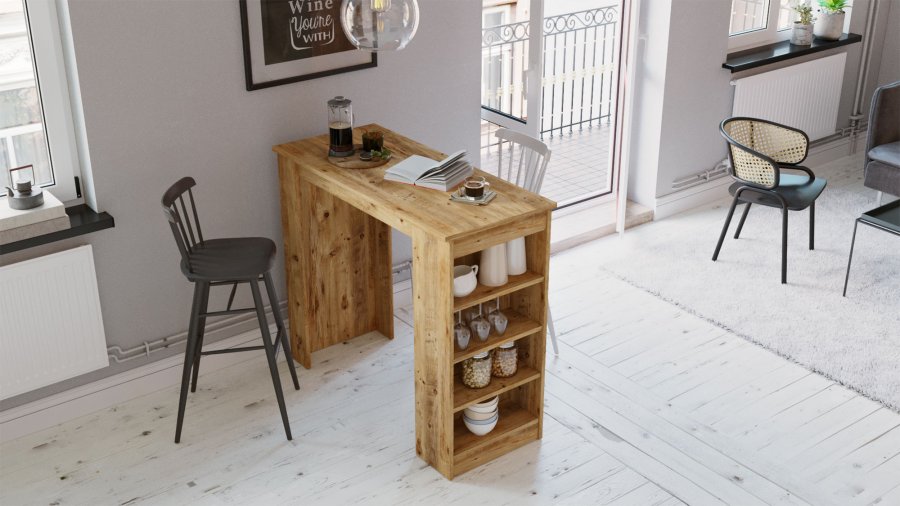 NORDVRK ST1 barbord, m. 3 hyller - naturlig melamin (120x51,6)