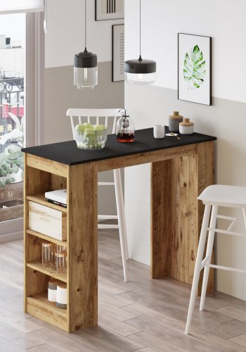 NORDVÄRK ST1 Stehtisch mit 3 Ablagen – natürliches und schwarzes Melamin (120 x 51,6)