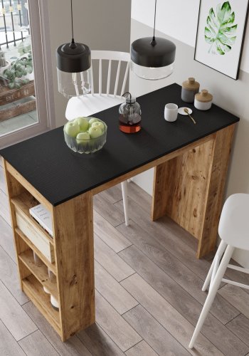 NORDVÄRK ST1 Stehtisch mit 3 Ablagen – natürliches und schwarzes Melamin (120 x 51,6)