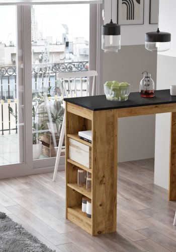 NORDVÄRK ST1 Stehtisch mit 3 Ablagen – natürliches und schwarzes Melamin (120 x 51,6)