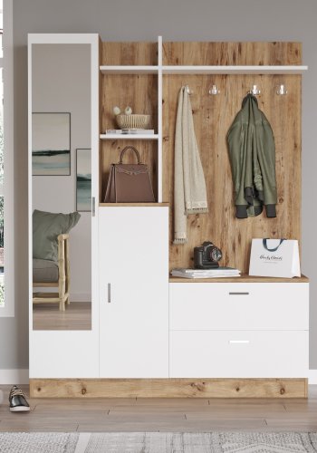 NORDVRK DD5 inngangssett, m. 4 kroker, speil, 2 drer, 2 skuffer, hyller - naturlig og hvit melamin