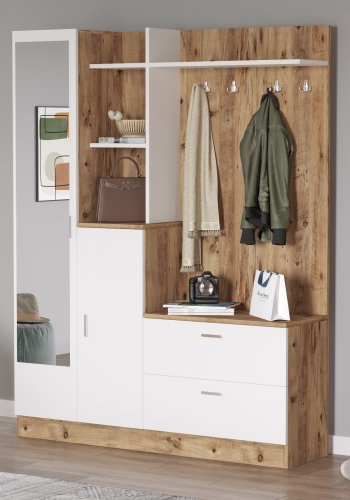 NORDVRK DD5 inngangssett, m. 4 kroker, speil, 2 drer, 2 skuffer, hyller - naturlig og hvit melamin