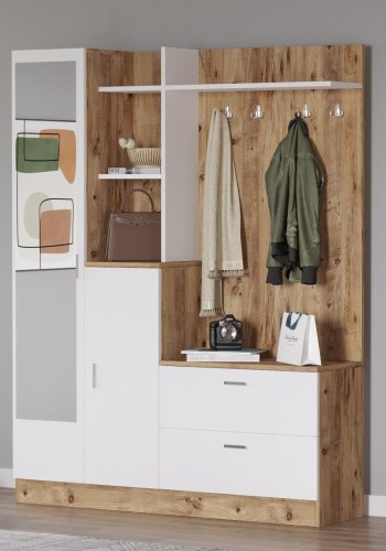 NORDVRK DD5 inngangssett, m. 4 kroker, speil, 2 drer, 2 skuffer, hyller - naturlig og hvit melamin