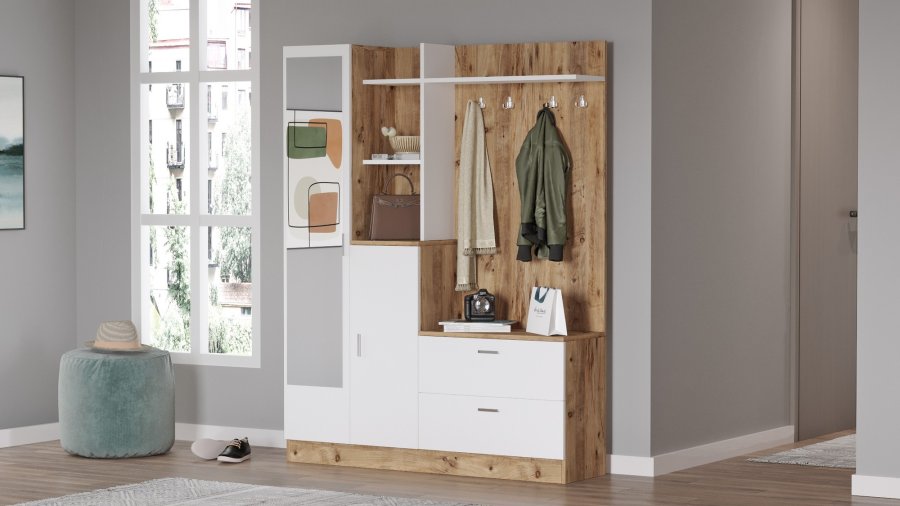 NORDVRK DD5 inngangssett, m. 4 kroker, speil, 2 drer, 2 skuffer, hyller - naturlig og hvit melamin