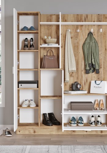 NORDVRK DD5 inngangssett, m. 4 kroker, speil, 2 drer, 2 skuffer, hyller - naturlig og hvit melamin