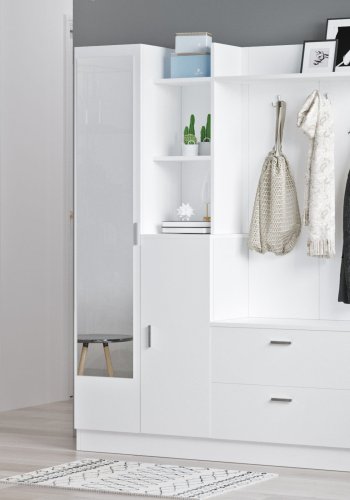 NORDVRK DD5 entrset, w. 3 krokar, spegel, 2 drrar, 2 ldor, hyllor - vit melamin