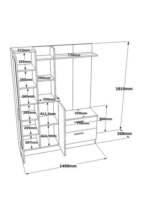 NORDVRK DD5 entrset, w. 3 krokar, spegel, 2 drrar, 2 ldor, hyllor - vit melamin