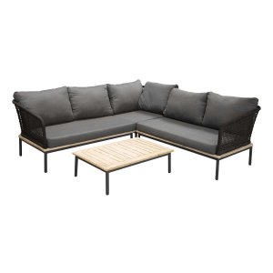 VENTURE DESIGN Andorra hjrne havesofa m. hynder - gr, natur akacietr, sort aluminium og reb