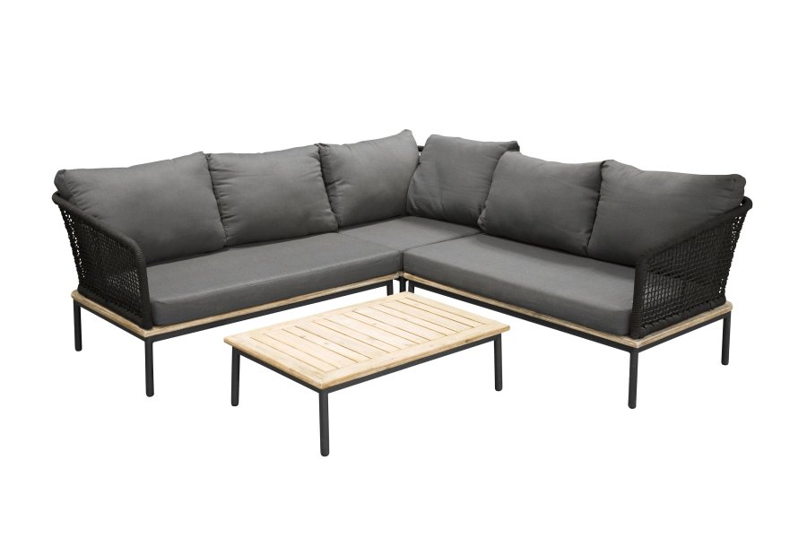 VENTURE DESIGN Andorra hj�rne havesofa m. hynder - gr�, natur akacietr�, sort aluminium og reb