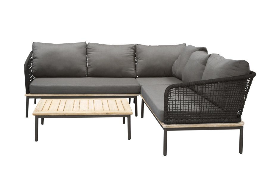 VENTURE DESIGN Andorra hj�rne havesofa m. hynder - gr�, natur akacietr�, sort aluminium og reb
