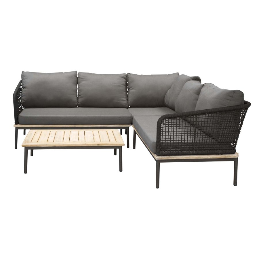 VENTURE DESIGN Andorra Eck-Gartensofa mit Kissen – grau, natürliches Akazienholz, schwarzes Aluminium und Seil