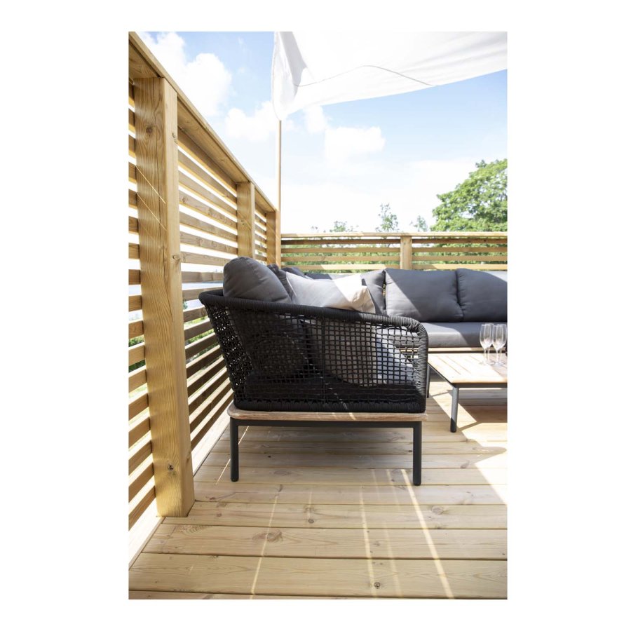 VENTURE DESIGN Andorra Eck-Gartensofa mit Kissen – grau, natürliches Akazienholz, schwarzes Aluminium und Seil