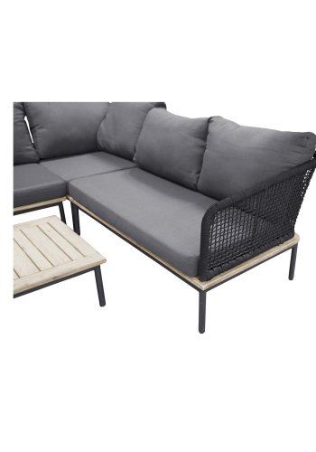 VENTURE DESIGN Andorra Eck-Gartensofa mit Kissen – grau, natürliches Akazienholz, schwarzes Aluminium und Seil