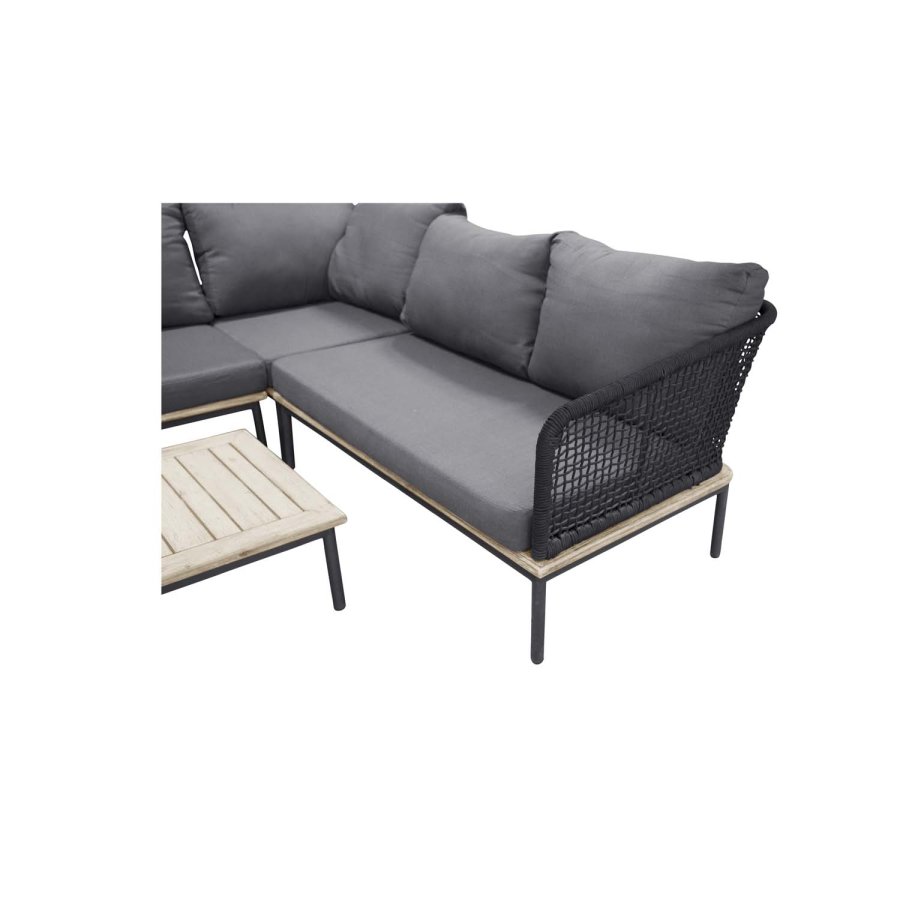 VENTURE DESIGN Andorra Eck-Gartensofa mit Kissen – grau, natürliches Akazienholz, schwarzes Aluminium und Seil