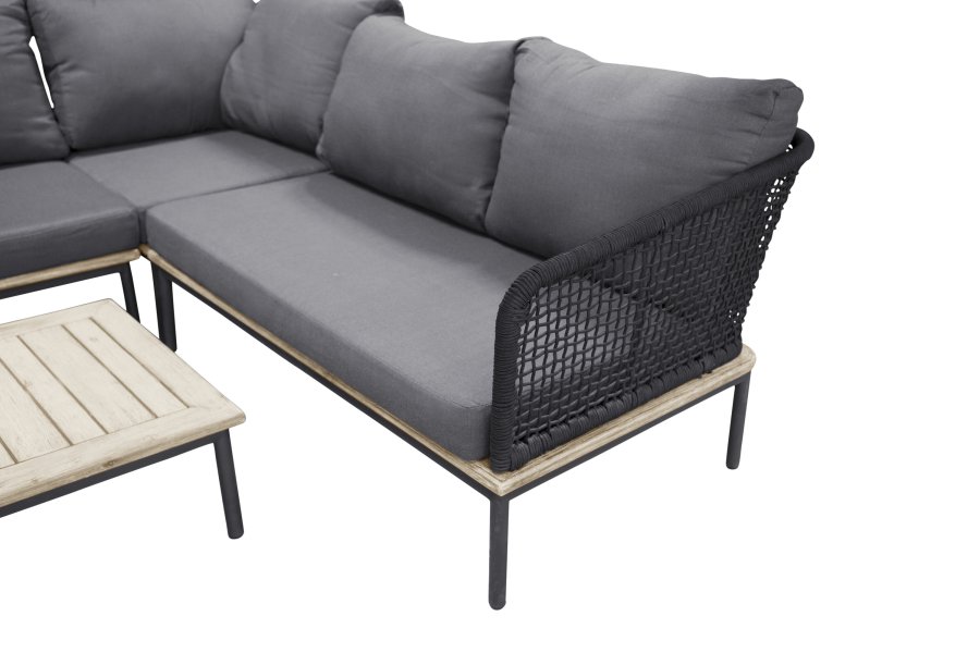 VENTURE DESIGN Andorra hj�rne havesofa m. hynder - gr�, natur akacietr�, sort aluminium og reb