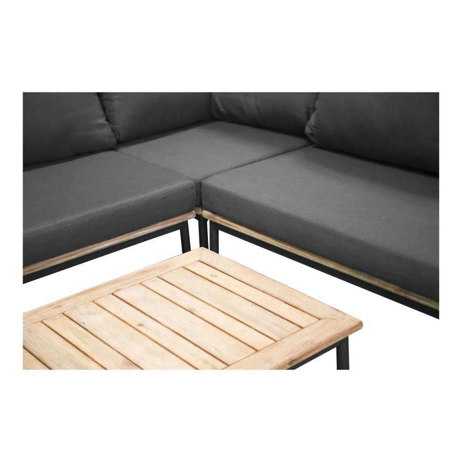 VENTURE DESIGN Andorra Eck-Gartensofa mit Kissen – grau, natürliches Akazienholz, schwarzes Aluminium und Seil
