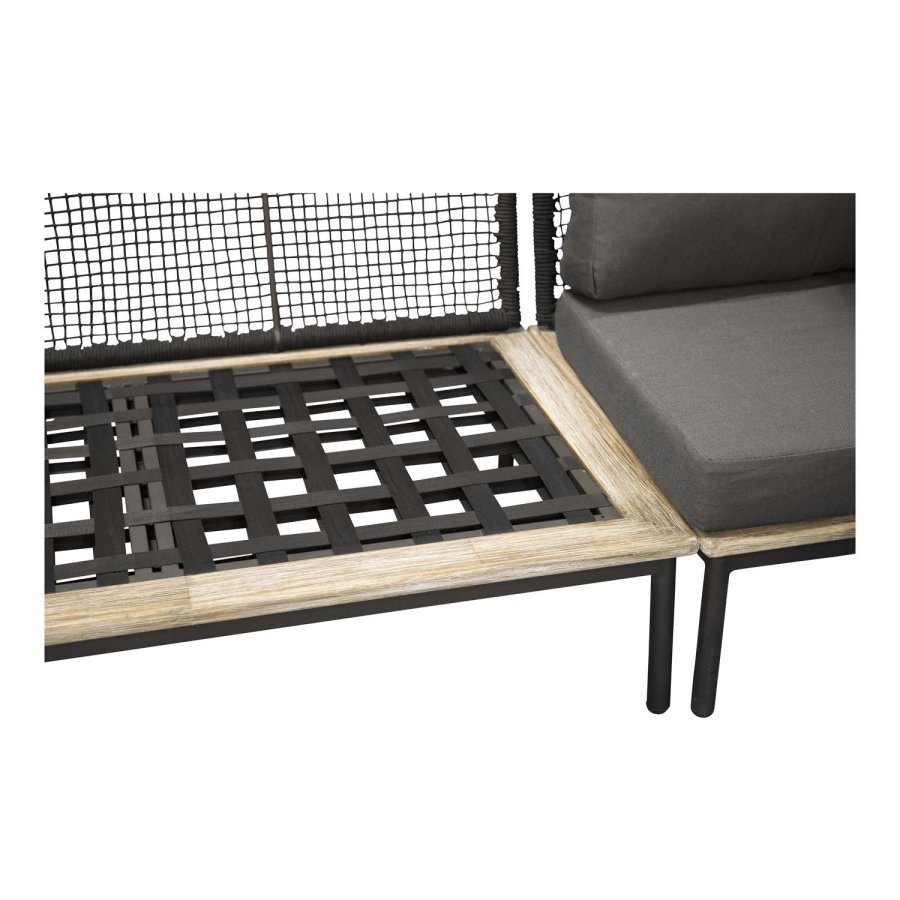VENTURE DESIGN Andorra Eck-Gartensofa mit Kissen – grau, natürliches Akazienholz, schwarzes Aluminium und Seil