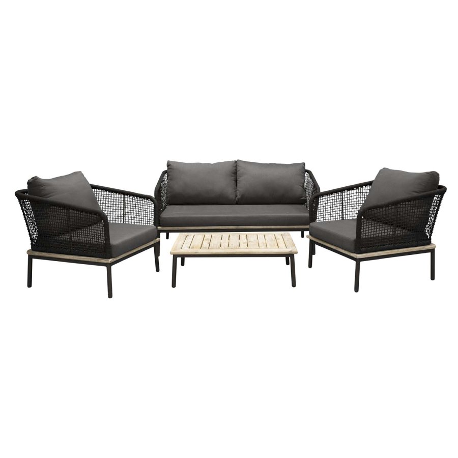 VENTURE DESIGN Andorra hagesett med puter - grtt, naturlig akasietre, svart tau og aluminium 