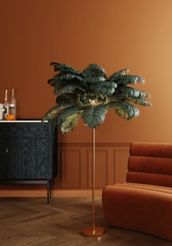 KARE DESIGN Feather Palm gulvlampe - grn strudsefjer og messing stl