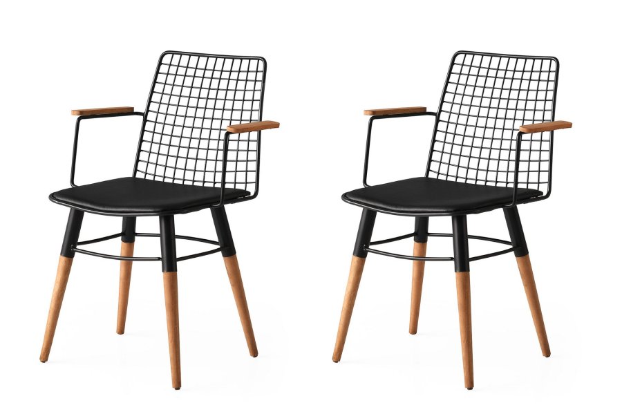 NORDVRK Trend spisestuestol med armlener - svart skinn og valntt/svart metall (sett med 2)