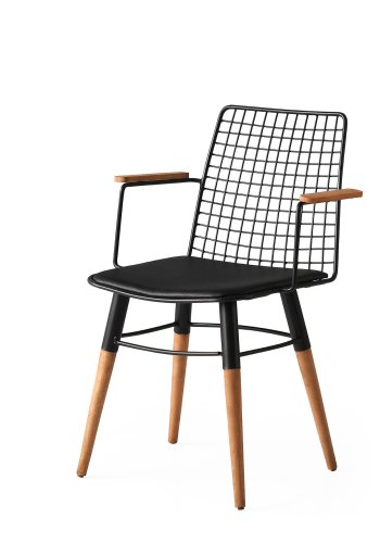 NORDVRK Trend spisestuestol med armlener - svart skinn og valntt/svart metall (sett med 2)