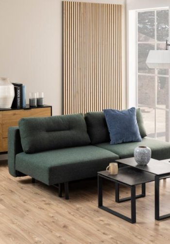 ACT NORDIC Malling bddsoffa, med utdragbar sng och 2 kuddar - grnt tyg och svart stl