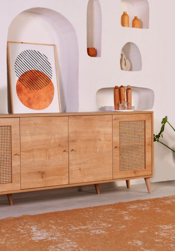 FUNZI LIVING Hazeran Sideboard, m. 4 Türen - natürliches Melamin und Metall