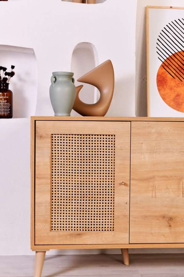 FUNZI LIVING Hazeran Sideboard, m. 4 Türen - natürliches Melamin und Metall