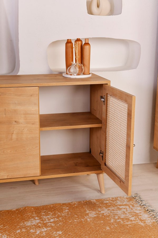 FUNZI LIVING Hazeran Sideboard, m. 4 Türen - natürliches Melamin und Metall