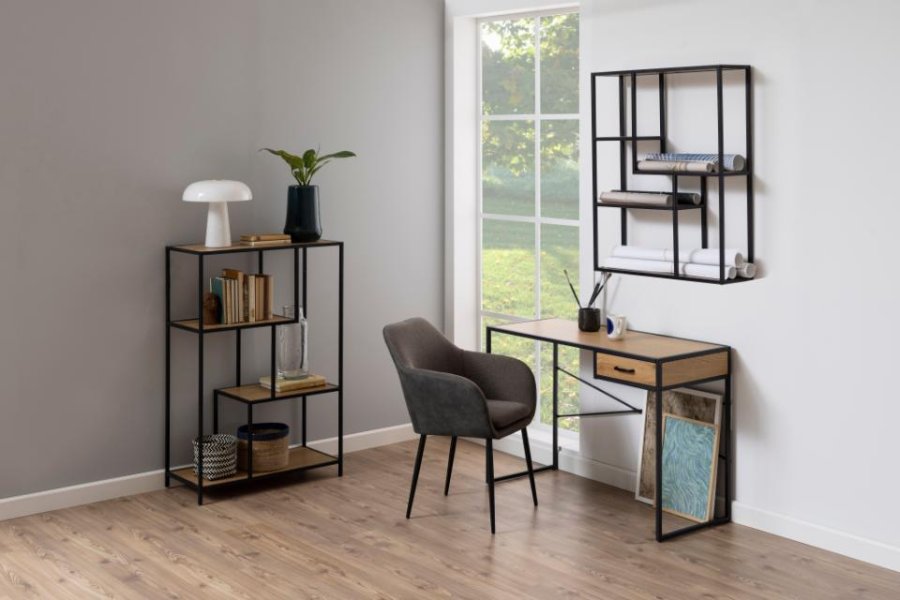 ACT NORDIC Seaford Wandregal – Papier, Wildeiche und schwarzes Metall (H: 91 cm x 75 cm x 20 cm)