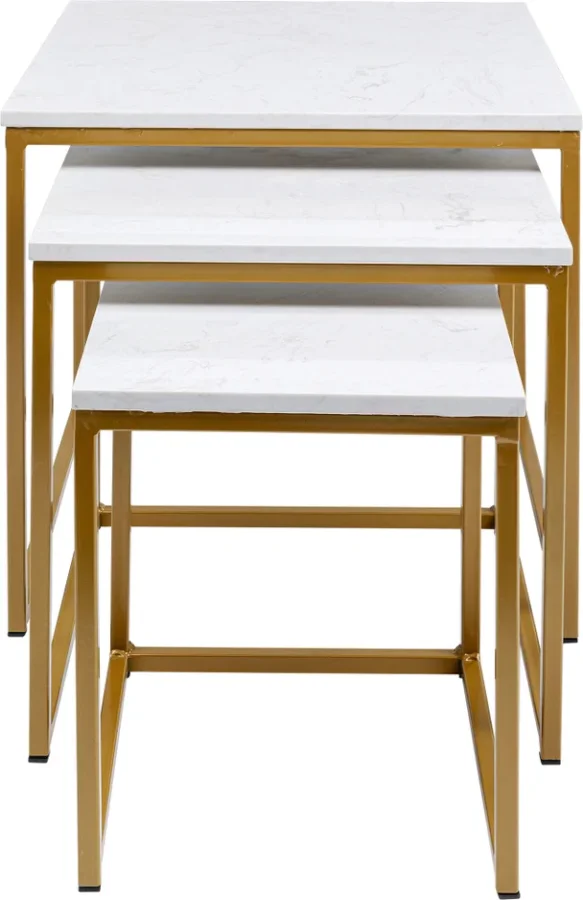 KARE DESIGN Key West innskuddsbord - hvit marmor og gullben, sett med 3 bord