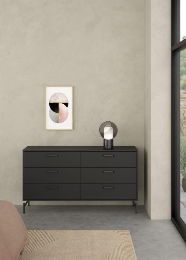 TVILUM Dana dobbeltkommode med 6 skuffer, mat sort, 138,7 x 39,8 x 76,6 cm