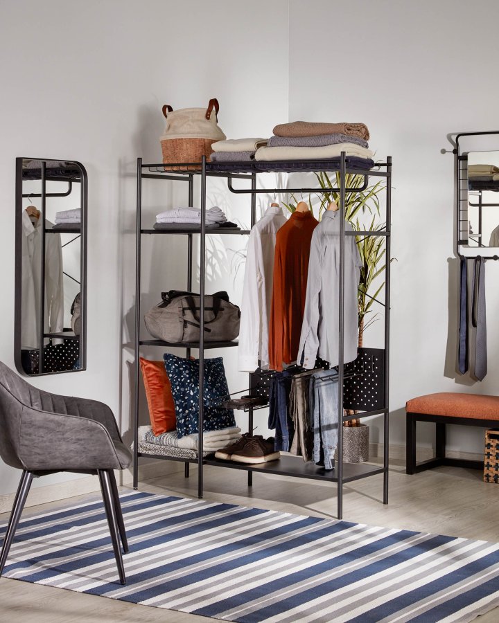 KAVE HOME Storn skap med hyller og kroker - sort melamin og stl (120x182)