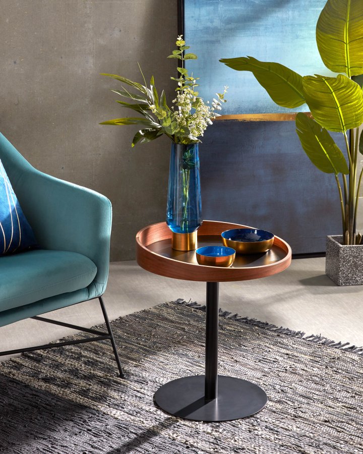 KAVE HOME Karlin sidebord - brun valnttfinish og metall, rundt (46)