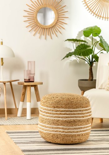 KAVE HOME Samy puff, rund - naturlig jute med hvite detaljer ( 45)