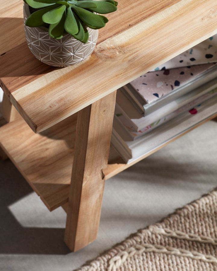 KAVE HOME rektangulr Safara benk, m. hylle - naturlig resirkulert teak (100x32)