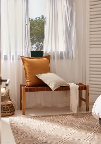 KAVE HOME Calixta benk, rektangulr - brunt skinn og naturlig teak (120x40)