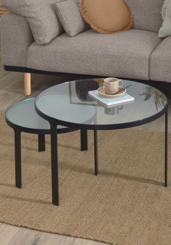 KAVE HOME Oni innsatsbord, runde - sort stl og klart/strukturert glass (sett m. 2)