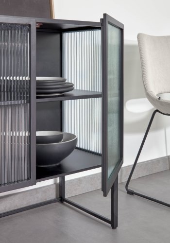 KAVE HOME Trixie skjenk, m. 4 drer og hylle - klart glass og sort stl (160x81)