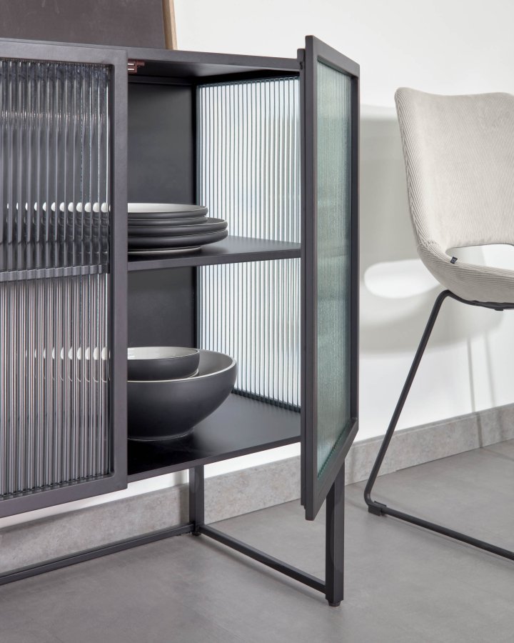 KAVE HOME Trixie skjenk, m. 4 drer og hylle - klart glass og sort stl (160x81)