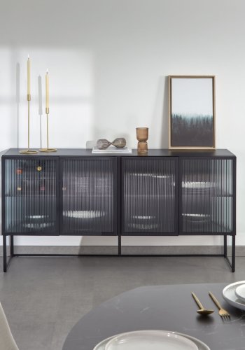 KAVE HOME Trixie skjenk, m. 4 drer og hylle - klart glass og sort stl (160x81)