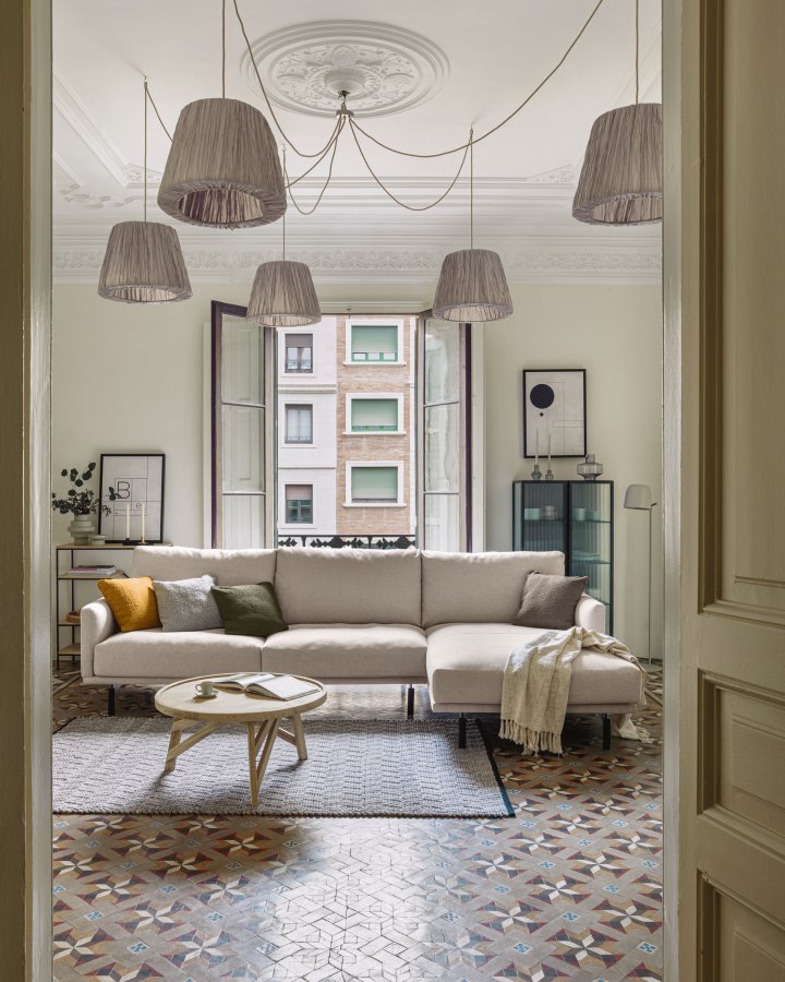 KAVE HOME Galene 4-manns sofa, med hyre sjeselong - beige resirkulerte fibre og jern