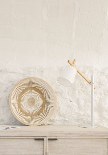 KAVE HOME Jovik bordlampe - hvit metall/bomull og naturlig tre 