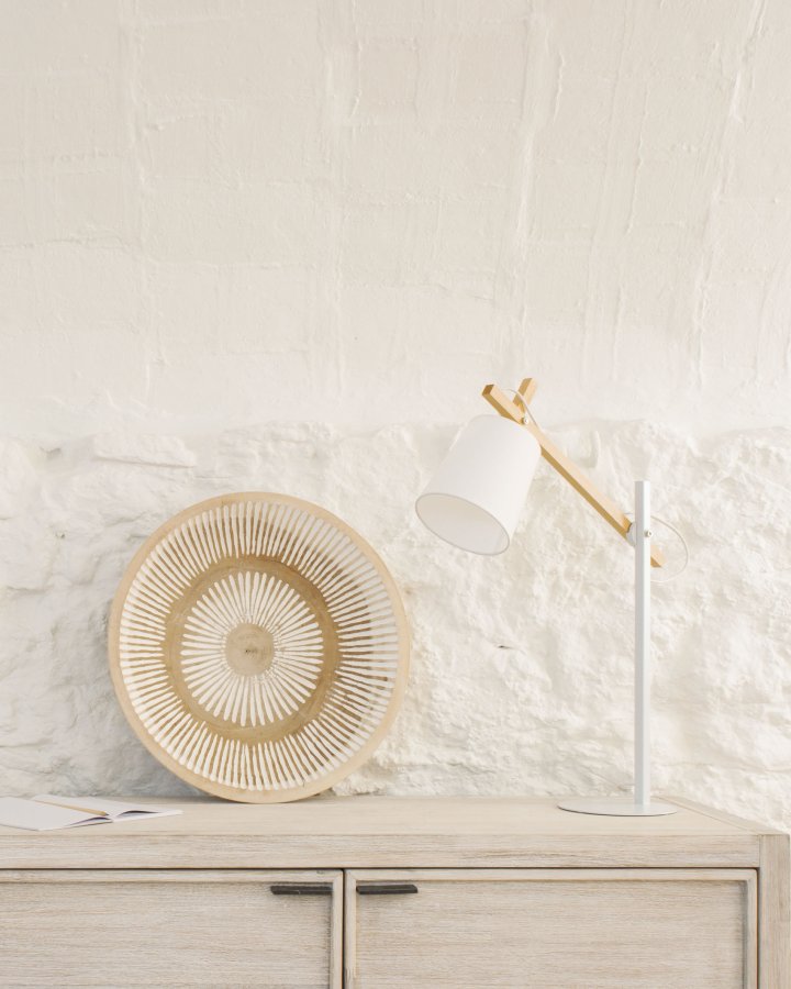 KAVE HOME Jovik bordlampe - hvit metall/bomull og naturlig tre 